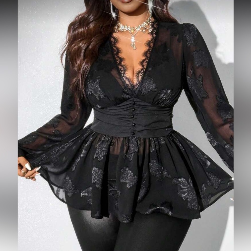 Elegant Ruched V-neck Lace Women Top Blouse Shirt Black